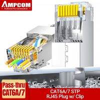 AMPCOM ตัวเชื่อมต่อแบบผ่าน RJ45ปลั๊กอีเธอร์เน็ต CAT6A CAT7 Rj 45สำหรับ CAT 7สายเคเบิลเครือข่ายแบบแข็งหรือแบบเกลียวที่มีแถบโหลดขนาด1.5มม.