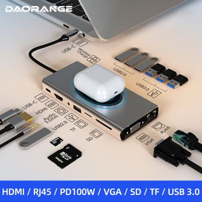 15ใน1 USB ฮับ C USB แท่นวางมือถือ3.0ชนิด C HDMI VGA RJ45 Gigabit 13พอร์ตแล็ปท็อป PC อะแดปเตอร์ชาร์จ USB PD USB โน้ตบุ๊ค Splitter Feona