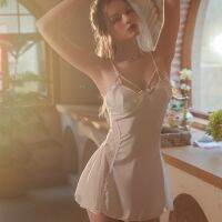 【 WYIN kitchen】 Female Lace Patchwork Nightgown Lingerie Backless Satin Sleepwear Sexy Nightdress Home Dressing Gown Baggy Nightie Clothes