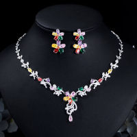 CWWZircons หรูหราหลายวาร์นาลูกบาศก์ Zirkon Bunga Perkahwinan Kalung Subang Wanita Parti Perhiasan ชุด Akori T622