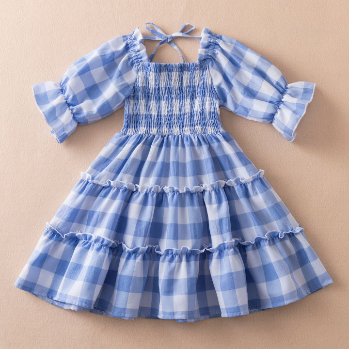 2022-new-fashion-vintage-plaid-summer-clothes-princess-party-smocked-dress-for-girls-birthday-wedding-gown-kids-vacation-dresses