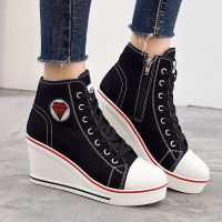 GA 2021 New Wedge Casual Shoes Canvas Shoes Side Zipper High Heel Lace-Up High-Top Shoes Womens 8Cm Height Increasing Women Shoes