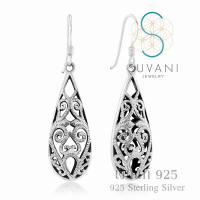 Suvani Jewelry - เงินแท้ 92.5% ต่างหูห้อยลายฟิริกรี ฉลุ ทรงหยดน้ำ สไตล์บาหลีต่างหูเงินแท้