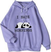 KEEVICI Winter Women Sweatshirt I Hate Mornings Letter Panda Print Hoodie