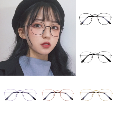 [Lady Sugar] สไตล์เกาหลีป้องกันสีฟ้าป้องกันรังสีรอบแบนกรอบโลหะแว่นตาแฟชั่นสำหรับผู้หญิง