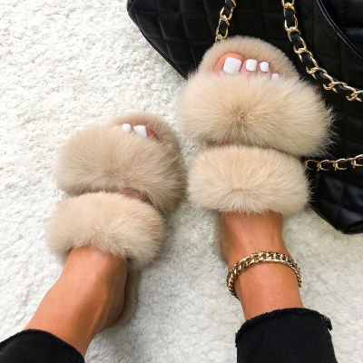Furry Fur Slides Real Rabbit Fur Slippers Fluffy Flip Flops Ladies Plush House Slippers Cozy Soft Flat Sandals Women Warm Shoes