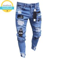 ♝ 3 Styles Men Stretchy Ripped Skinny Biker Embroidery Print Jeans Destroyed Hole Taped Slim Fit Denim Scratched High Quality Jean