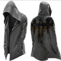 RR Trendy Hooded Mens Trench Coat Halloween Theme Printed for Cospaly Costumes Party Prop