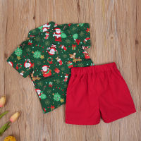 【Beautywoo】 Xmas 1-6Y Kids Boys Clothes Sets 2Pcs Cartoon Santa Print Short Sleeve Single Breasted Shirts Shorts