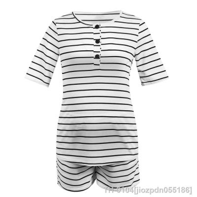 ❂❅™ jiozpdn055186 Ternos de maternidade verão listrados manga curta shorts roupas para a casa pijama mulheres algodão conjunto