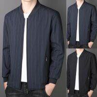 【Ready】Men Coat Stripe Stand Collar Zipper Plus Size เสื้อแจ็คเก็ตฤดูใบไม้ผลิสำหรับสวมใส่ทุกวัน