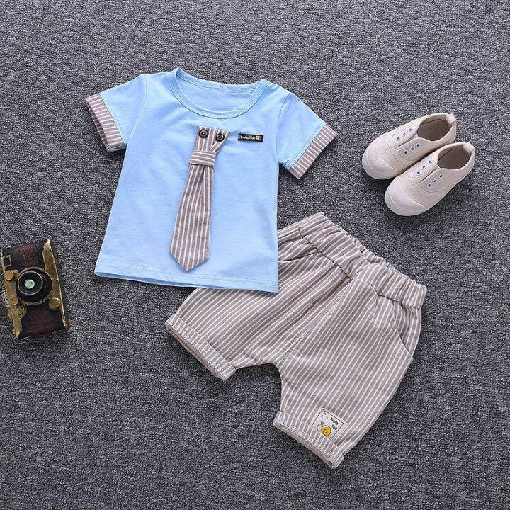 kids-boy-fake-tie-short-sleeve-cotton-t-shirt-stripe-shorts