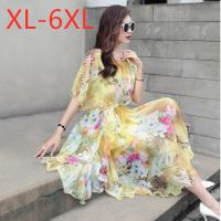 【YF】 New ladies summer plus size long dress loose casual large floral chiffon yellow print flowers ruffles 3XL 4XL 5XL 6XL 7XL