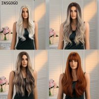 INSGOGO Nature Synthetic Wigs With Bangs For Women Long Wavy Ombre Brown Mixed Blonde Heat Resistant Machine Made Cosplay Wigs