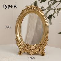 Cuife Ins Nordic Gold Resin Small Round Table Mirror Tray Vintage Standing Home Decorative Mirror Bedroom Table Makeup Mirror