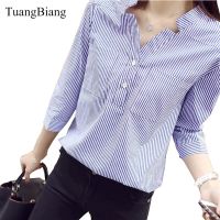 2020 New Spring Three Quarter Sleeve Stand Collar Shirt Women Blue And White Striped Loose Plus Size Blouse Female Vintage Tops