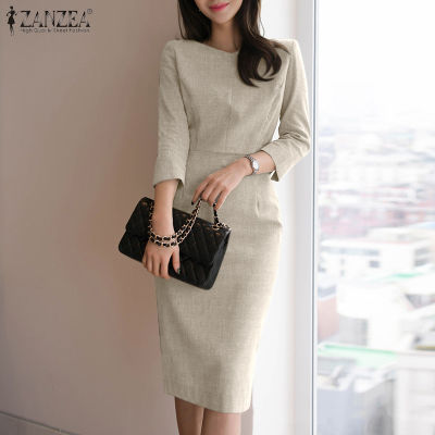 (สินค้ามาใหม่)(จัดส่งฟรี)Fancystyle ZANZEA ชุดซันเดรสลำลองสำหรับธุรกิจสไตล์เกาหลีของผู้หญิง OL ชุดเดรสผ่าใส่ทำงานแขน3/4ชุดคอตัว O #11