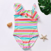 2 10Year Ruffle Girls Swimsuit Kids One piece Swimwear Colorful strips Children Swimwear Kid Girls Swim costume Beach wear