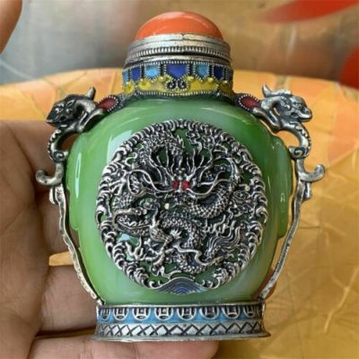 ☏♙❒ Green Jade Tibetan Copper Dragon Snuff Bottle China Antique Collection Ornaments