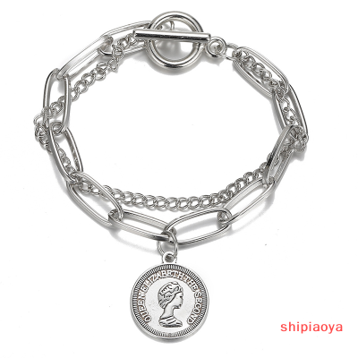 Shipiaoya สร้อยข้อมือโซ่เรียบง่ายวินเทจสองชั้นหัวเข็มขัด OT บุคคลจี้ทรงกลม Bracele ของขวัญเครื่องประดับส่วนบุคคลสำหรับผู้หญิงหญิงสาว