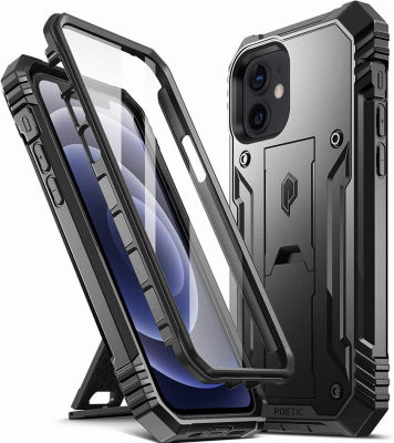 Poetic Revolution for iPhone 12 / iPhone 12 Pro Case 6.1 inch (2020 Release), Full-Body Rugged Dual-Layer Shockproof Protective Cover with Kickstand and Built-in-Screen Protector, Black