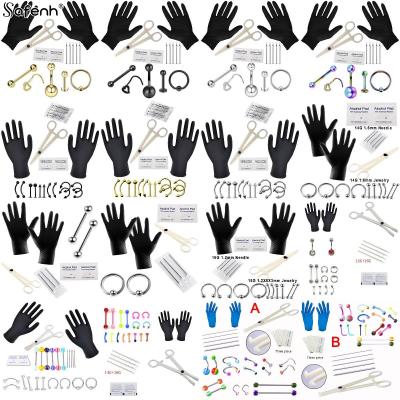 Hot Sale 1Set Tongue Eyebrow Nose Belly Button Body Jewelry Piercing Rings Clamp Gloves Needles Tool Kit Ear Plug Prong Studs Headbands