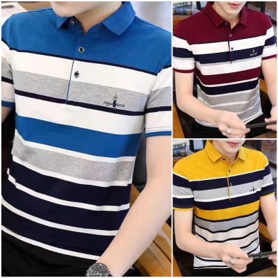 M R.T Baju Berkolar Baju Keja Meja Berkolar Lelaki Baju Polo Lelaki เสื้อยืดแขนสั้นผู้ชาย,Kaus Polo Garis คอปกแขนสั้นแบบเกาหลีเสื้อสำหรับผู้ชายผ้าฝ้ายครึ่งแขน