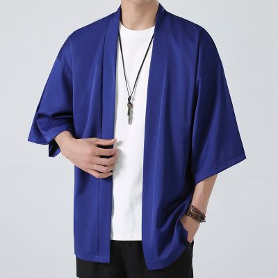 เสื้อคลุมคาร์ดิแกนแขนยาว7ส่วนของผู้ชาย,เสื้อคลุมชุดกิโมโนแบบบางเบาสไตล์ญี่ปุ่น
