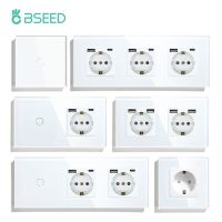 BSEED EU Standard USB Single Socket Touch Switch 1Gang 1Way White Crystal Sensor Wall Light Switch Power Double Sockets Outlets Power Points  Switches