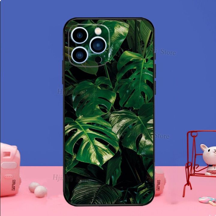 สินค้าใหม่มีในสต็อก-ทิ้งเคสโทรศัพท์สีเขียว-monstera-สำหรับ-iphone-11-12-13-14-pro-max-mini-x-xs-xr-7-8-plus-se2-funda-coque-capa-cover