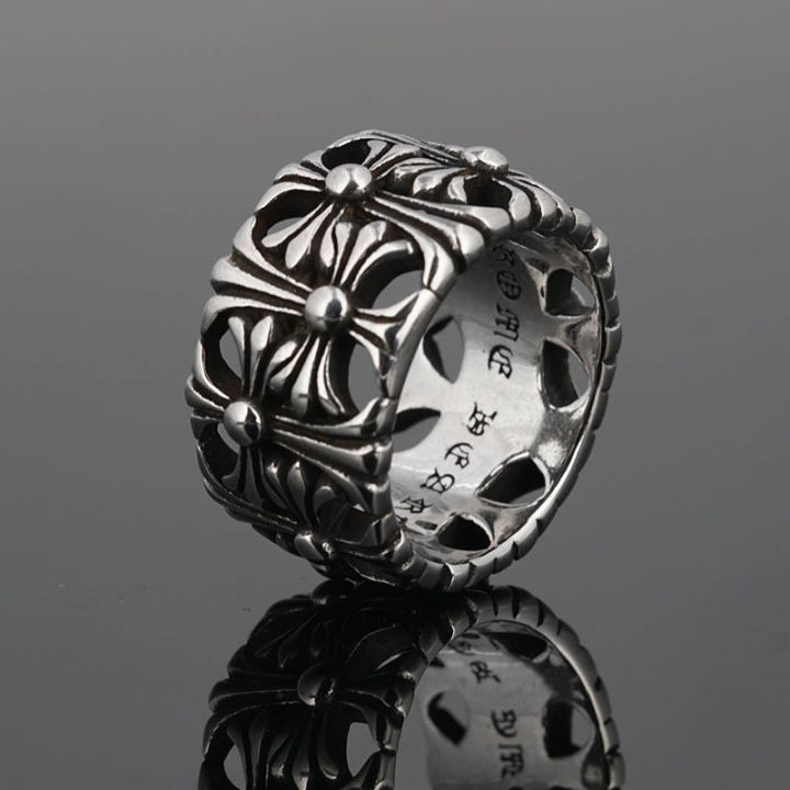 แหวนรูปไม้กางเขนสเตนเลสวินเทจย้อนยุคทำจากเหล็กไทเทเนียมแหวนฮิปฮอปเหล็กไทเทเนียมอินเทรนด์สำหรับผู้ชาย