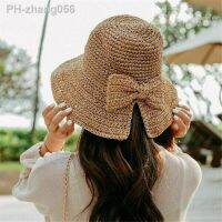 Ladies Straw Hat Female Bow Crochet Summer Foldable Beach Wide Brim Children Princess Travel Sun Hat