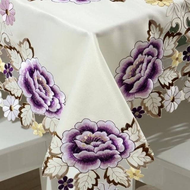 Vezon ผ้าปูโต๊ะผ้าซาตินปักลายดอกไม้ทำมือปักลายดอกไม้ผ้าคลุมโต๊ะดอกไม้ดอกโบตั๋นแบบซ้อนทับ