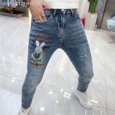 ☈Culça Jeans De Luxo Coreana Masculina Com Furos Skinny Stretch Lavada Calça Longado Coelho Estampada Mavera Verão