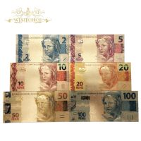 Bernicl Products 6pcs/set Brazil Banknotes 2 5 10 50 Reals Gold Banknote Plated