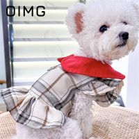 OIMG 2022 Summer New Dog Cat Clothes Teddy Bichon Chihuahua Cute Casual Small Medium Dogs Dress Plaid Chest Back Student Skirt Dresses