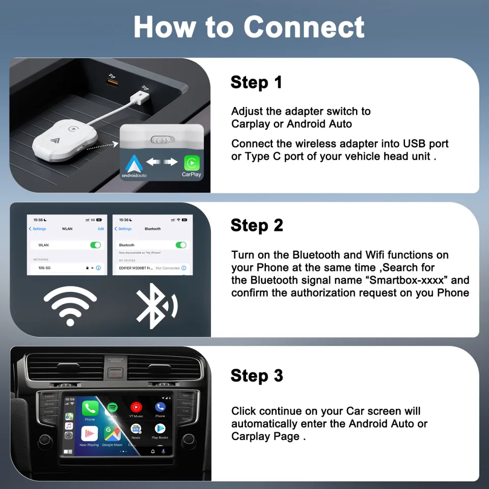 Wireless Apple CarPlay Android Auto Wireless Adapter 2-in-1 Converts Wired  to Wireless Plug and Play
