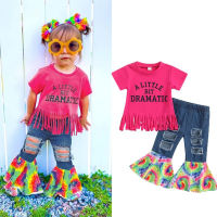 Toddler Kids Baby Girls Crop Letter T Shirt + Hole Denim Flare Jeans Pants 2PCS Outfits Clothes Set 1-6Y Newborn Kids Clothing