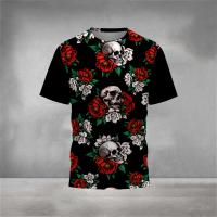 Dark Horror Rose Skull Print Mens Clothing Summer Loose Round Neck Retro Oversized T-Shirt Outdoor Sports Short Sleeve Tops