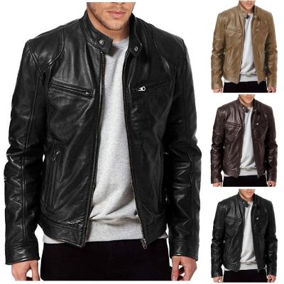 ZZOOI 2023 Fashion Mens Leather Jacket Slim Fit Stand Collar PU Jacket Male Anti-wind Motorcycle Lapel Diagonal Zipper Jackets Men