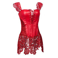 Black Red Bustier Zipper PU Leather Lace Patchwork Corset Bustier Dress Sexy Lingerie Women Lace Up Corselet Tops Skirt Thong