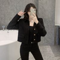 Elegant Slim Tweed Cropped Jacket Women Korean Fashion Single Breasted Autumn Shrot Coat Graceful temperament OL Black Outwear