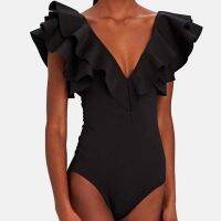 【JH】 V-Neck Ruffled Color One-Piece Swimsuit Push Up Piece Monokini 2022