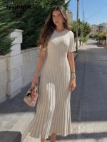 Elegant Ribbed Knitted Long Dress Women Casual O-neck Short Sleeve Bodycon Dresses 2023 Autumn Ladies Pleated A-line Maxi Robe