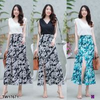 TW17671 Set 2 ชิ้น เสื้อคอวีรูดย่นผูกโบว์ที่หัวไหล่ + กระโปรงลายดอกไม้