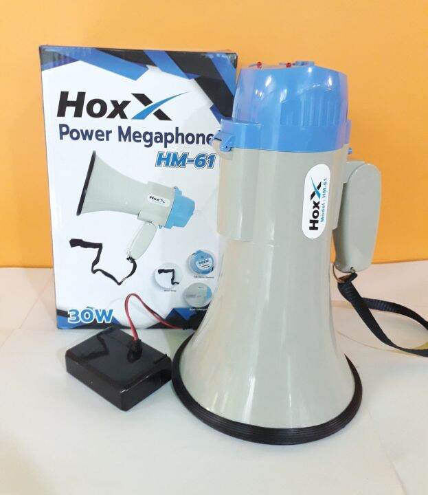 โทรโข่ง-hoxx-hm-61-ขนาด-6-นิ้ว-สีน้ำเงิน-30w-มีไซเรน-อัดเสียงได้-megaphone-รหัสสินค้า-hm-61-แบตเตอรี่ชาร์จไฟได้-อัดเสียง-10-วินาที-ไซเรน-และไมโครโฟนในตัว-รายละเอียดสินค้า-ขนาดเส้นผ่าศูนย์กลาง-155mm-คว