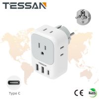 Type E F Plug Travel Adapter, TESSAN Germany France Power Adapter with 3 USB Ports(1 USB C), 4 AC Outlets Travel Converter Plug Adaptor for US to Europe EU Spain Iceland Korea Greece Russia German French