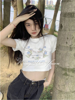 HengShanYuan เสื้อยืด  สำหรับผู้หญิง Cropped White พิมพ์เสื้อลำลองแขนสั้น