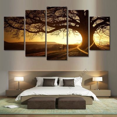 Zhangyanhui2 Sunset Tree ภาพวาดผ้าใบสำหรับห้องนั่งเล่น Natural Scenery Wall Decor ภูมิทัศน์ตกแต่งบ้าน Wall Art Cuadros 5แผง5ชิ้น