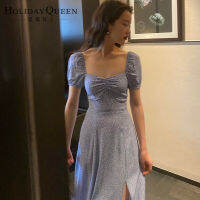 HolidayQueen 2021ฤดูร้อน Retro ชุดเดรสลายดอกไม้หญิงฤดูร้อนเอว Slimming Side Slit ชุดยาวจัดส่งฟรี HQ0132